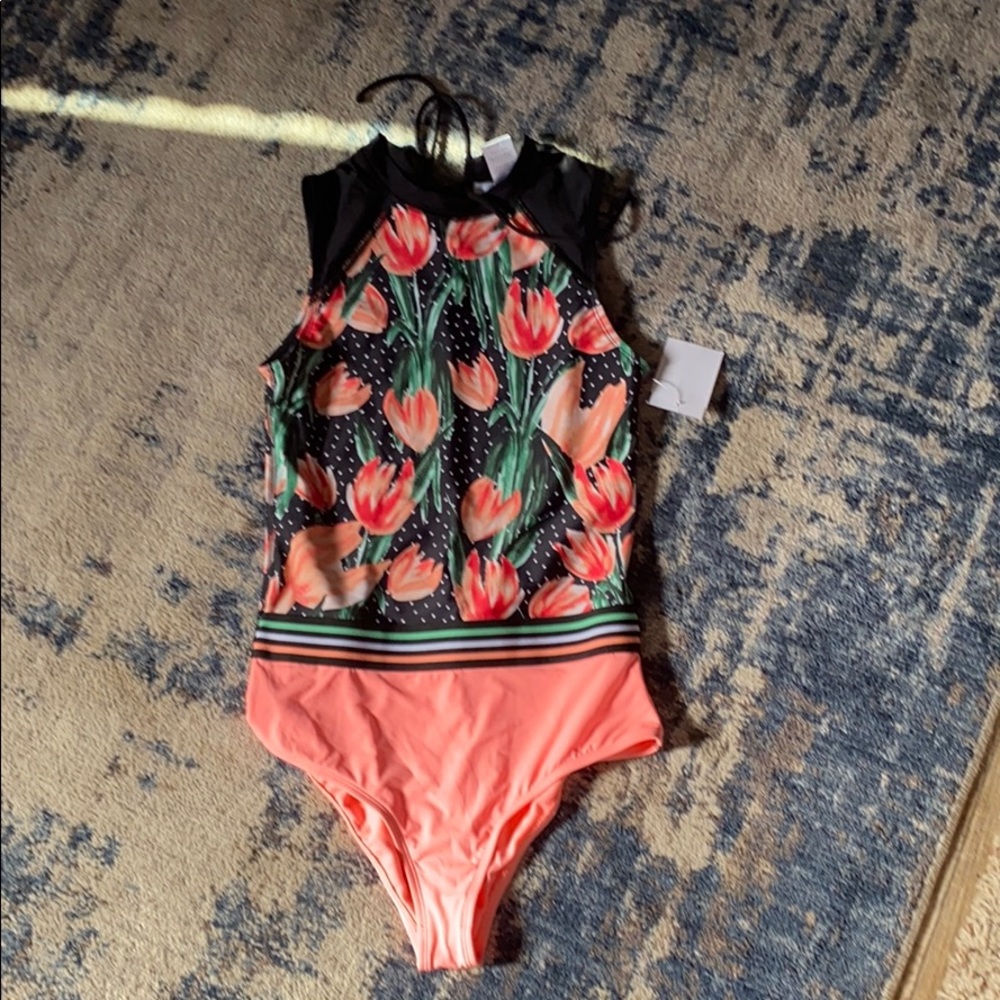 Floral polka dot n coral bathing suit